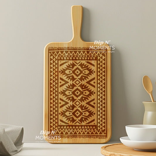 Kilim pattern engraved cutting board, traditional wooden serving board, artisanal kitchen decor, wooden cheese platter, large size serving board, cutting board, kitchen centerpiece, housewarming gift idea, culinary wood art, ethnic design kitchenware